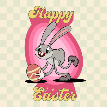 Easter card or poster in hippie groovy retro style. Vector illustration with cool easter bunny, rabbit. Spring retro character. Vector illustration.