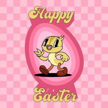 Easter card or poster in hippie groovy retro style. Vector illustration with cool easter chick. Spring retro character. Vector illustration.