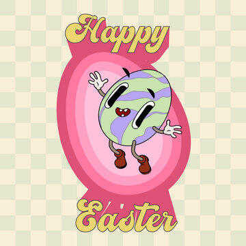 Easter card or poster in hippie groovy retro style. Vector illustration with cool easter egg mascot. Spring retro character. Vector illustration.