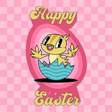 Easter card or poster in hippie groovy retro style. Vector illustration with cool easter chick. Spring retro character. Vector illustration.