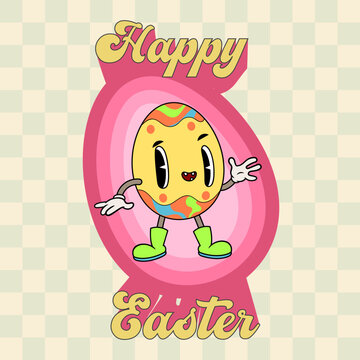 Easter card or poster in hippie groovy retro style. Vector illustration with cool easter egg mascot. Spring retro character. Vector illustration.