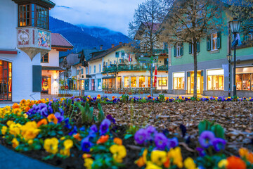 Alpine town of Garmisch Partenkirchen street evening view