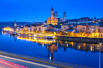 Passau, Germany. Danube river and old town of Passau cityscape evening view