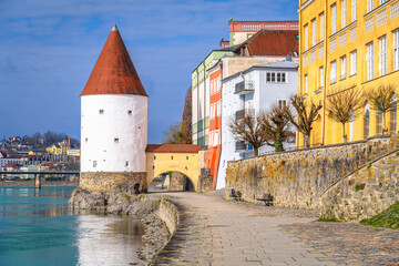 Passau, Germany. Inn river and old town of Passau riverfront walkway view