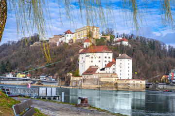 Passau, Germany. Danube river and old town of Passau and Oberhaus citadel view