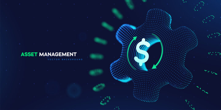 Financial Technology Background With Dollar Icon, Circular Arrows, And Neon Toroidal Gear On Dark Gradient. Investment Assets And Money Systems. Vector Illustration.