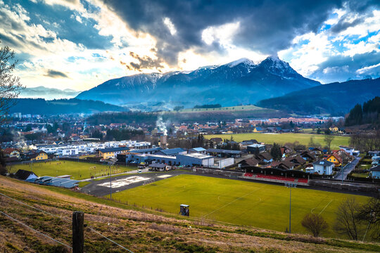 Town of Trofaiach and Austrian Alpine landscape sunset view