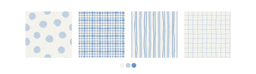 Minimal cottagecore pastel pattern set with stripes, plaid, grid, tartan, polka dots in soft blue color. Clean seamless backgrounds perfect for fabric, packaging, branding, scrapbooking design. Vector © cute_vector