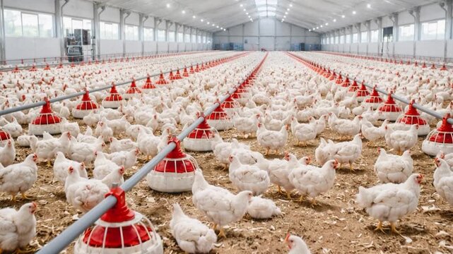 Indoor poultry farm with many white chickens.

