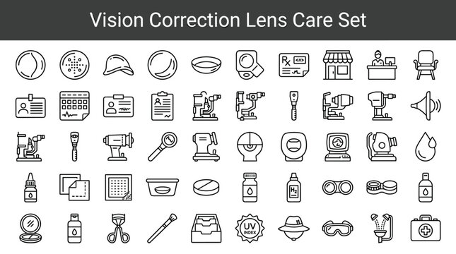 Vision Correction Lens Care Set: Comprehensive Eye Health and Optical Equipment Icons