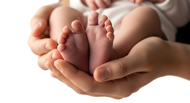 Newborn baby feet held by adult hands, postnatal care and parental love concept, soft and minimal composition, Isolated on White background