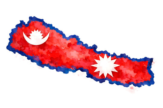 Watercolor illustration of Nepal map filled with national flag colors red, blue border and white moon and sun symbols, artistic ink texture, vibrant travel and geography concept.
