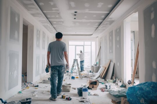 Interior renovation in progress with workers and construction materials.