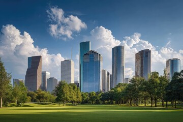 Obraz premium Houston Skyline from Park with Clouds and Blue Sky.