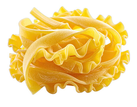 Uncooked yellow ruffled lasagna-like pasta twists piled up on a white background