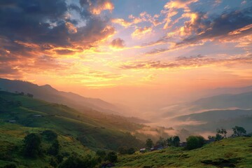Obraz premium Golden Sunrise Over Misty Mountains - A Serene Landscape.