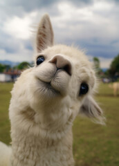 Obraz premium Fluffy White Alpaca Portrait: Curious and Playful Animal Headshot in Scenic Pastoral Landscape