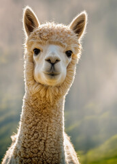 Obraz premium Adorable Alpaca Portrait: Cheerful Wildlife in Sunny Rural Pastoral Scenery
