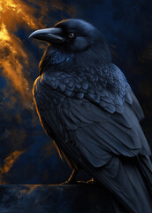 Fototapeta premium Majestic Raven in Dramatic Sky: Detailed Black Feathers Portrait in Nature's Eerie Light