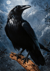 Fototapeta premium Mystical Raven Portrait in Scenic Moonlit Forest: Unveiling the Enigmatic Blackbird in Night Shadows
