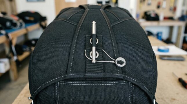 Black skydiving parachute container, close-up view of silver ripcord handle with cable, indoor workshop setting.