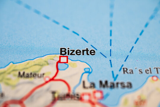 Detailed map showing Bizerte and La Marsa northern Tunisia coastline.