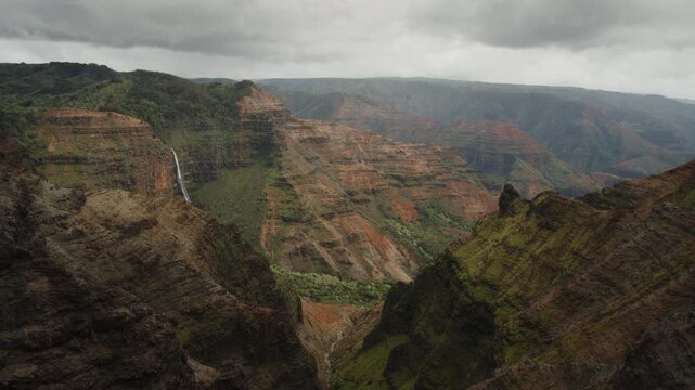 A wide timelapse shot overlooking the Waimea canyon and Waipo'o falls, Kauai, Hawaii