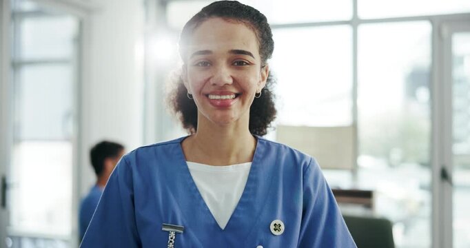Happy, woman and face of nurse in clinic with pride for medical career, patient care or service. Smile, job and portrait of female icu healthcare worker from Brazil with confidence in hospital.