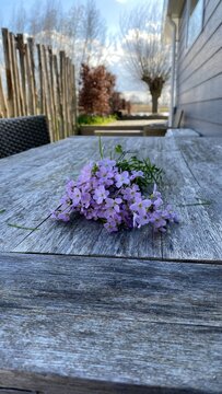 a bouquet of wild cherry flowers on a wooden table