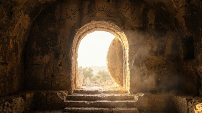 Empty tomb with stone rolled away, symbolizing resurrection and new beginnings