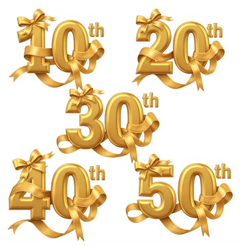 Gold anniversary numbers with ribbons isolated on transparent background