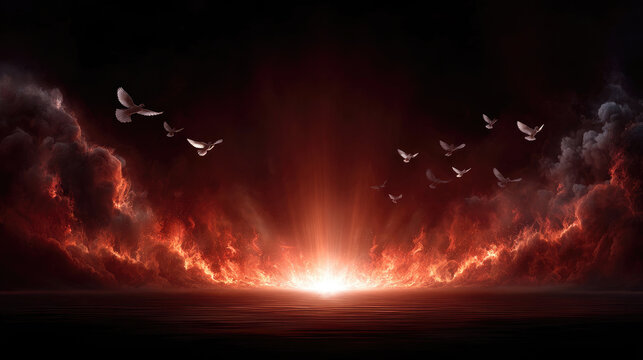 Pentecostal spirit descending as a fiery tree of light, reflecting on calm mystical waters under dark, dramatic clouds, symbolizing divine presence and spiritual power. Pentecost