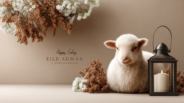 Celebrating Eid al Adha with a cozy lamb, Islamic festival greetings and warm bokeh light creating a peaceful, spiritual atmosphere for prosperity and blessings