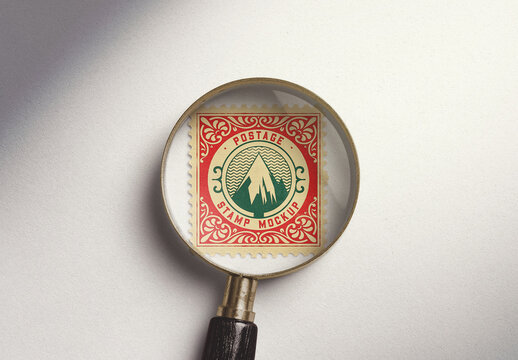Square Postage Stamp Under Magnifying Glass Mockup