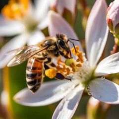 Naklejka premium Close-up of a bee foraging on an orange blossom, pollen on its legs.