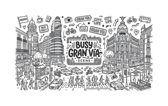 Madrid Gran V&iacute;a street scene illustration with iconic buildings and busy city life
