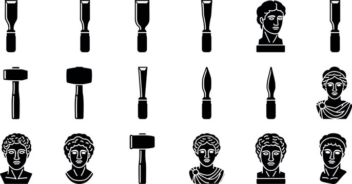 A collection of black and white illustrations of sculpting tools and busts