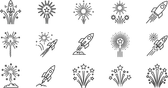 A collection of black line icons depicting rockets and fireworks exploding in space