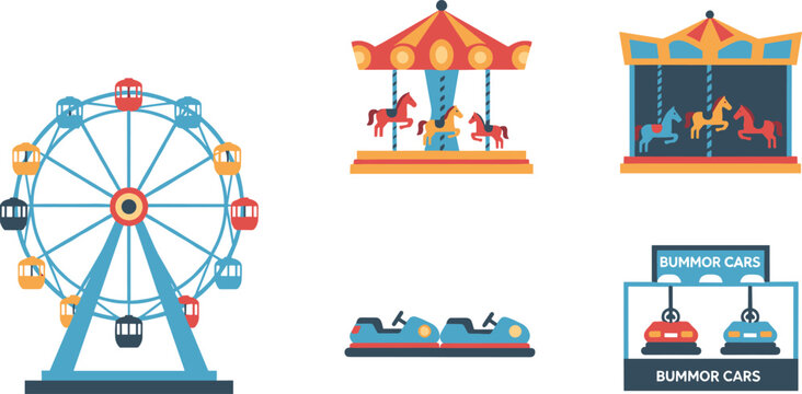 A colorful vector art pack featuring various amusement park rides and attractions