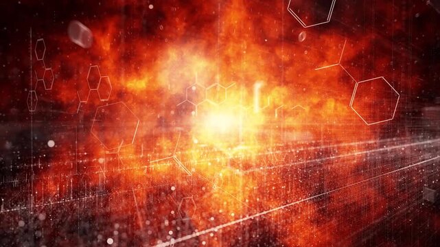 Abstract fiery science background with glowing hexagonal molecular structures over intense flames and energy bursts, symbolizing chemical reactions, danger, instability and chaotic consequences.