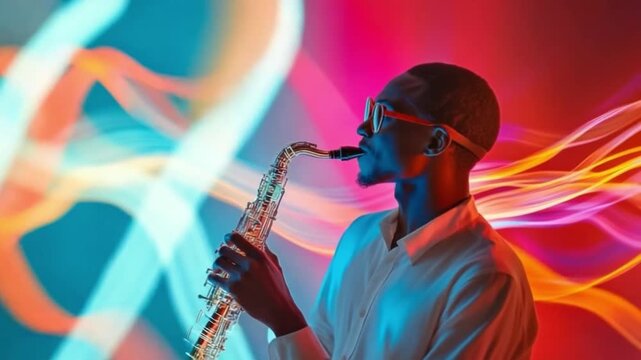 Experience the fusion of music and light in this stunning saxophone performance. Let the vibrant colors and sounds inspire your creativity and joy. AI