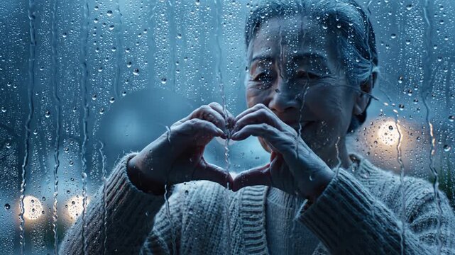 A woman forms a heart shape with her hands on a rainy windowpane at night.