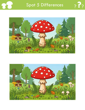 Spot 5 Differences Cartoon-Style Illustration Of A Forest Scene With Red Mushroom And Hidden Changes