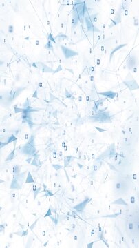 Light abstract technology background with floating polygon connections and softly drifting binary digits, forming a subtle data network structure in bright minimal spac. Vertical animation.
