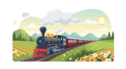 Vintage Steam Train Traveling Through Scenic Countryside with Flowers © gedang