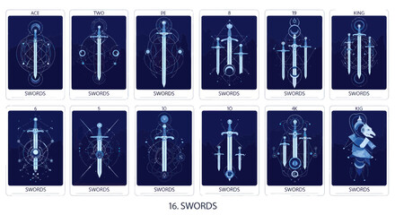 Tarot Swords Cards: Ace to Ten, Page, Knight, Queen, King - Mystical Blue Design © gedang