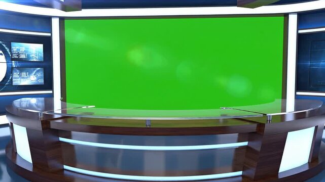 Modern Empty News Studio with Large Green Screen Backdrop and Sleek Wooden Desk for Broadcasting