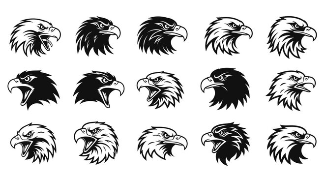 Set of Eagle Head Icons, Black and White Vector Illustrations, Ferocious Bird Emblems