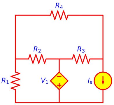 Editable Circuit with Dependent Voltage and Current Source, Resistor Network R1 R2 R3 R4 with Controlled Source V1 and Independent Current Source Is, Engineering Schematic