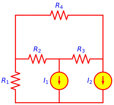Editable Dual Current Source Circuit Diagram, Resistor Network R1 R2 R3 R4 with Independent Current Sources I1 and I2, Electrical Engineering Schematic Illustration